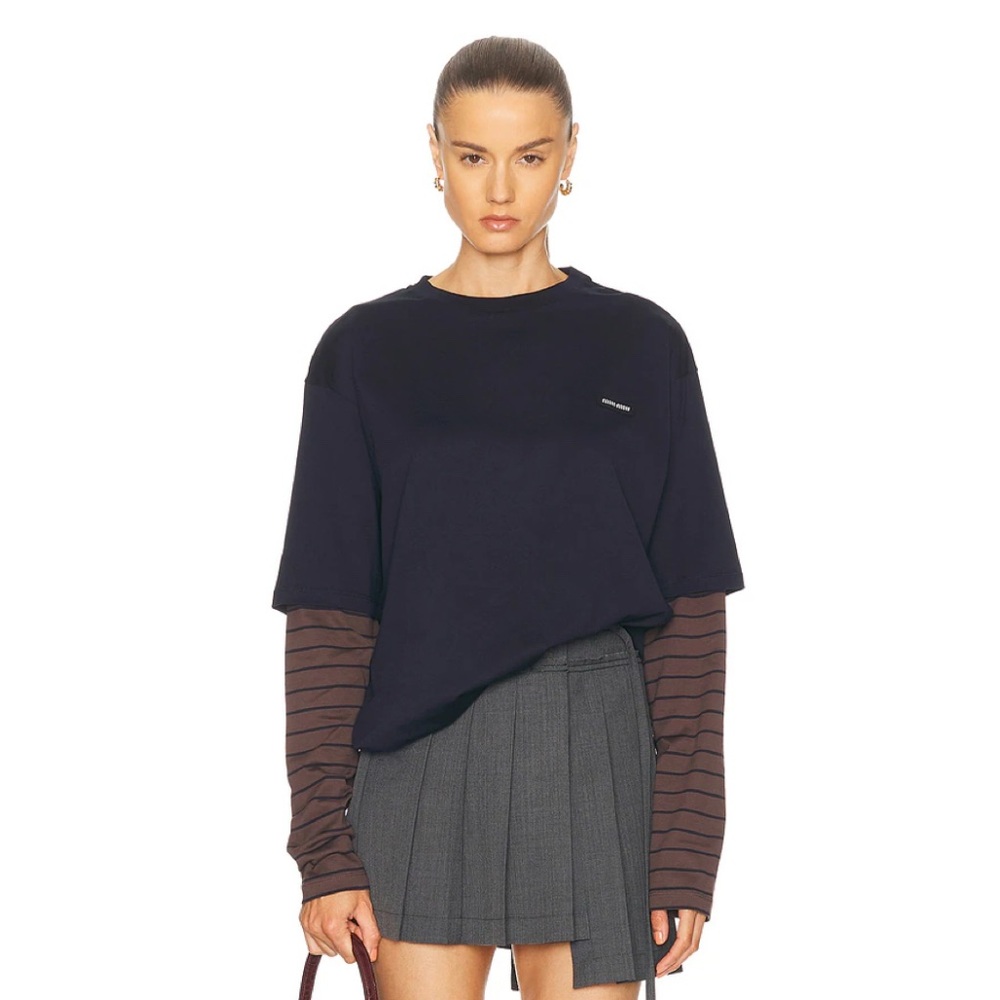 MIU MIU Navy & Brown Long-Sleeved Jersey T-shirt Size S